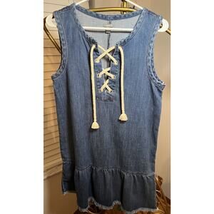 Aerie Denim Dress Womens S Drop Waist Peplum Fray Hem Sleeveless Rope Detail